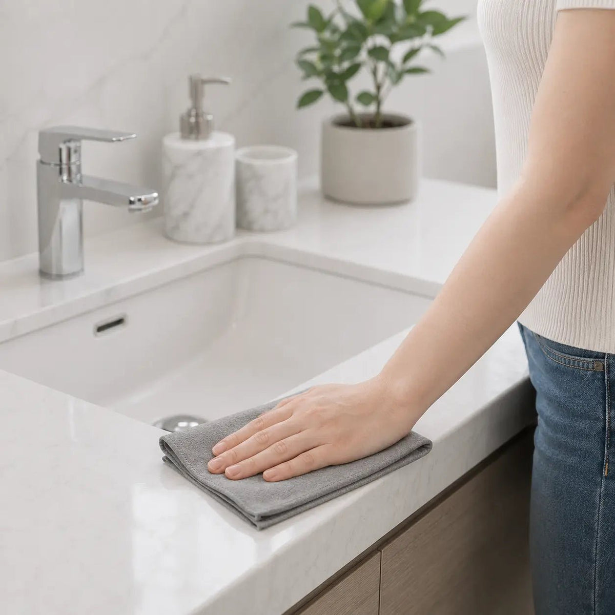 Nettoyage d’un lavabo de salle de bains avec un chiffon microfibre Novapur™