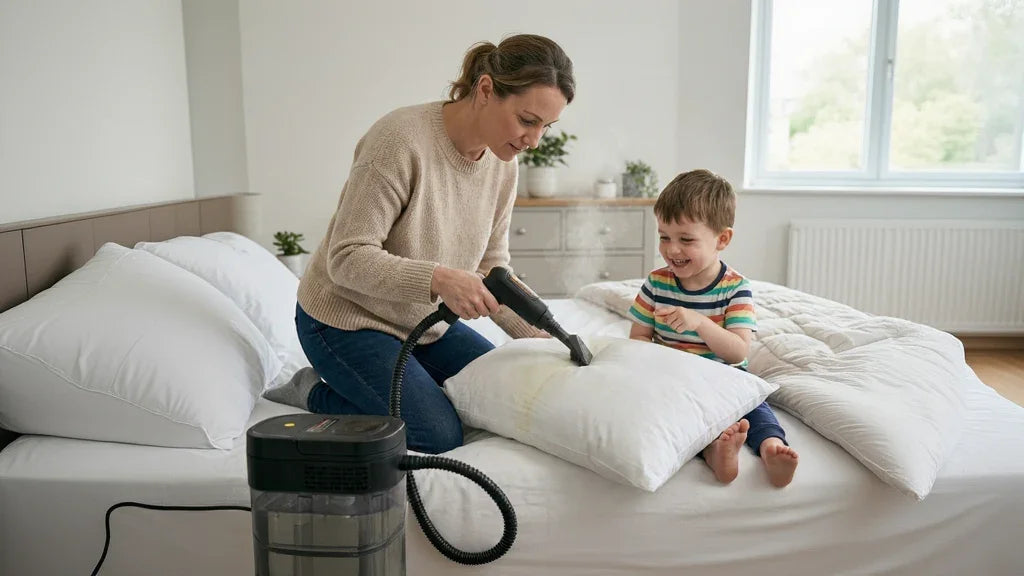 Nettoyeur vapeur Novapur utilisé sur un oreiller dans une chambre familiale