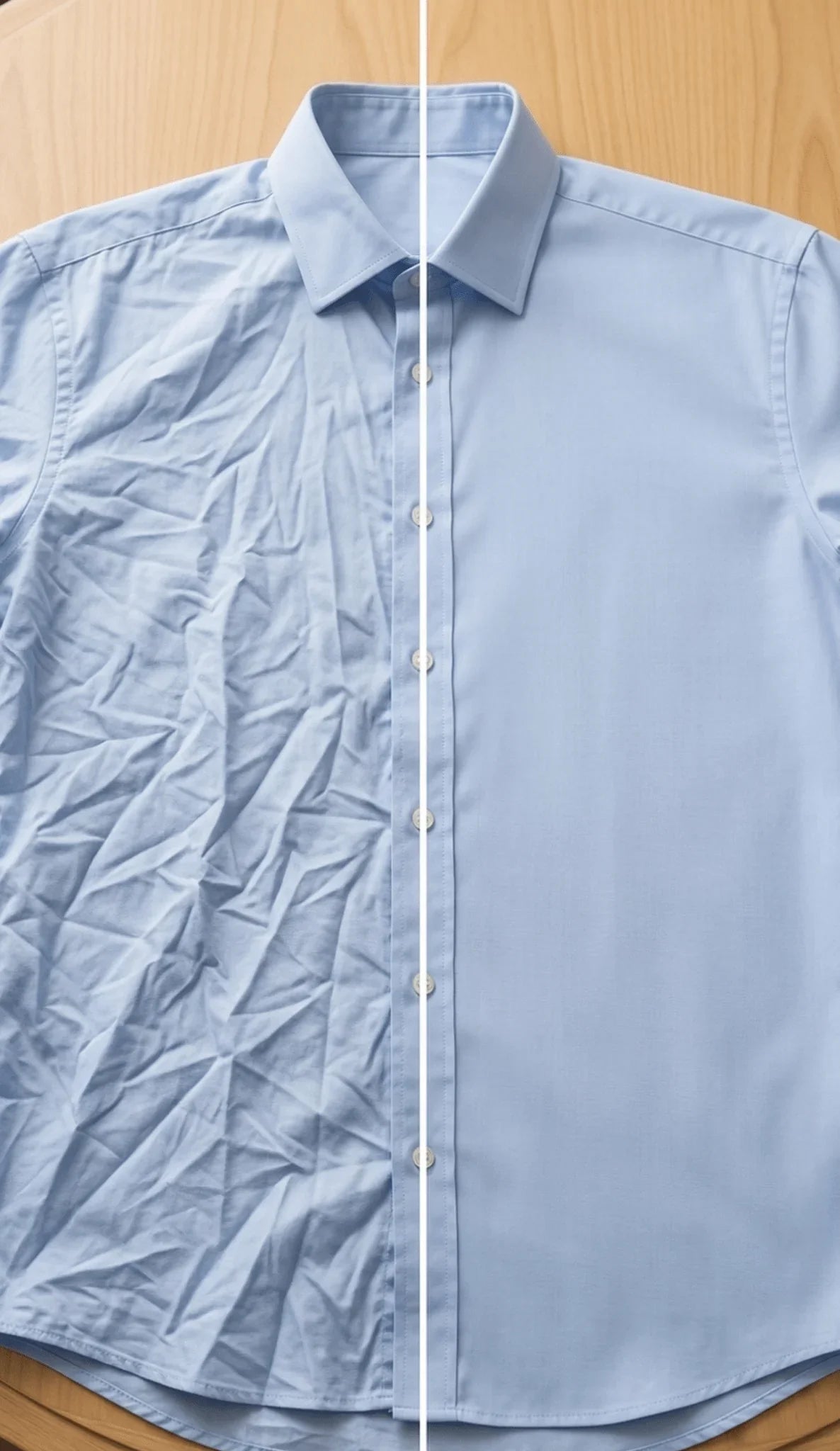 Chemise bleue avant et après défroissage avec le défroisseur vapeur Novapur