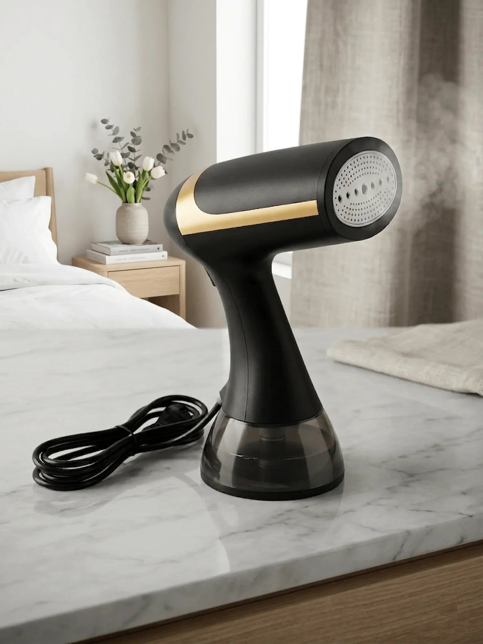 Défroisseur vapeur Novapur 1000W noir avec vapeur visible sur un plan de travail