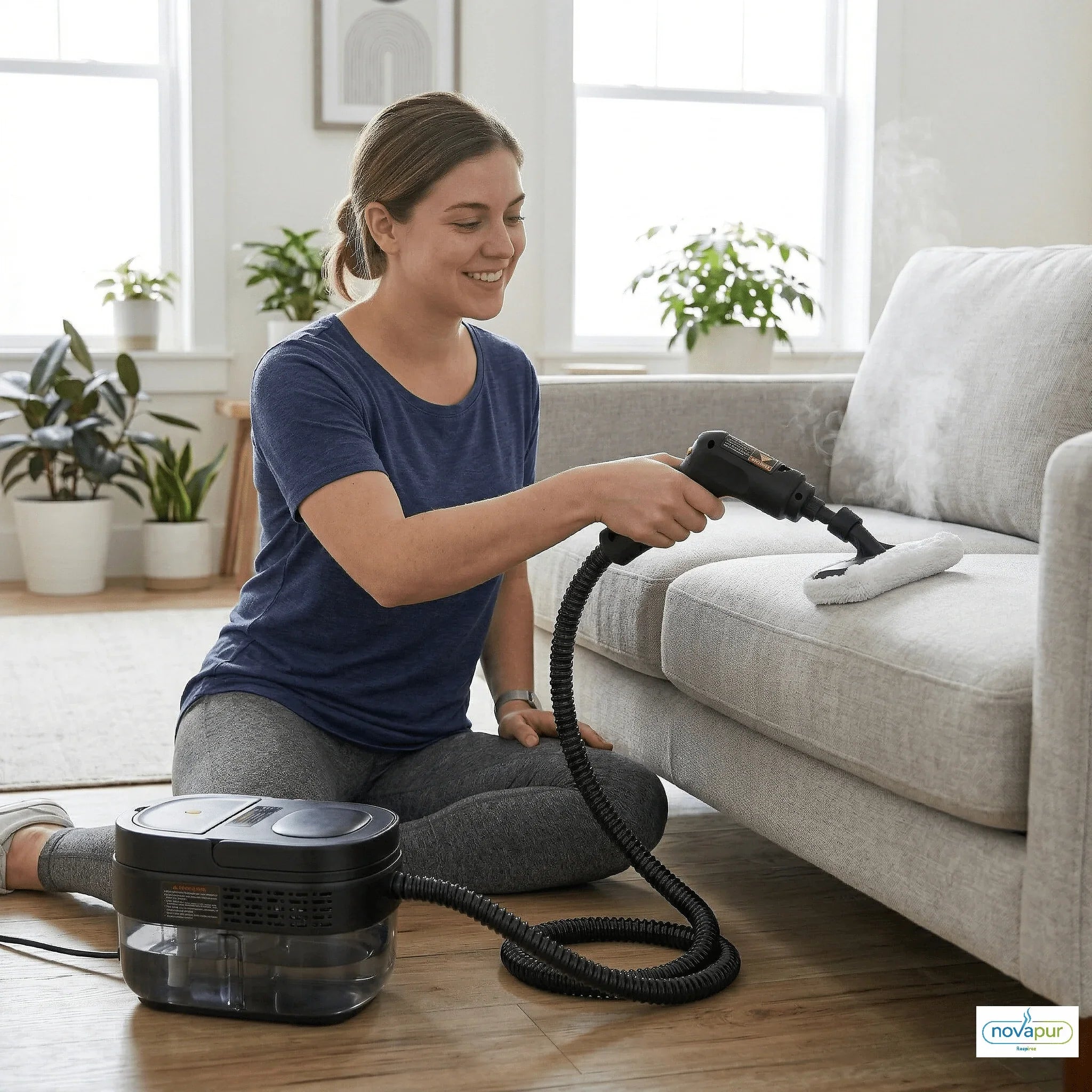 Nettoyeur vapeur Novapur utilisé pour nettoyer un canapé en tissu