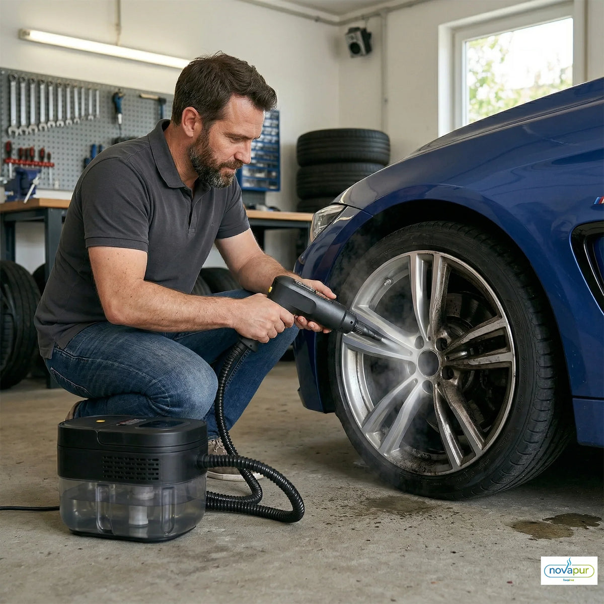 Nettoyeur vapeur Novapur utilisé pour nettoyer une jante de voiture