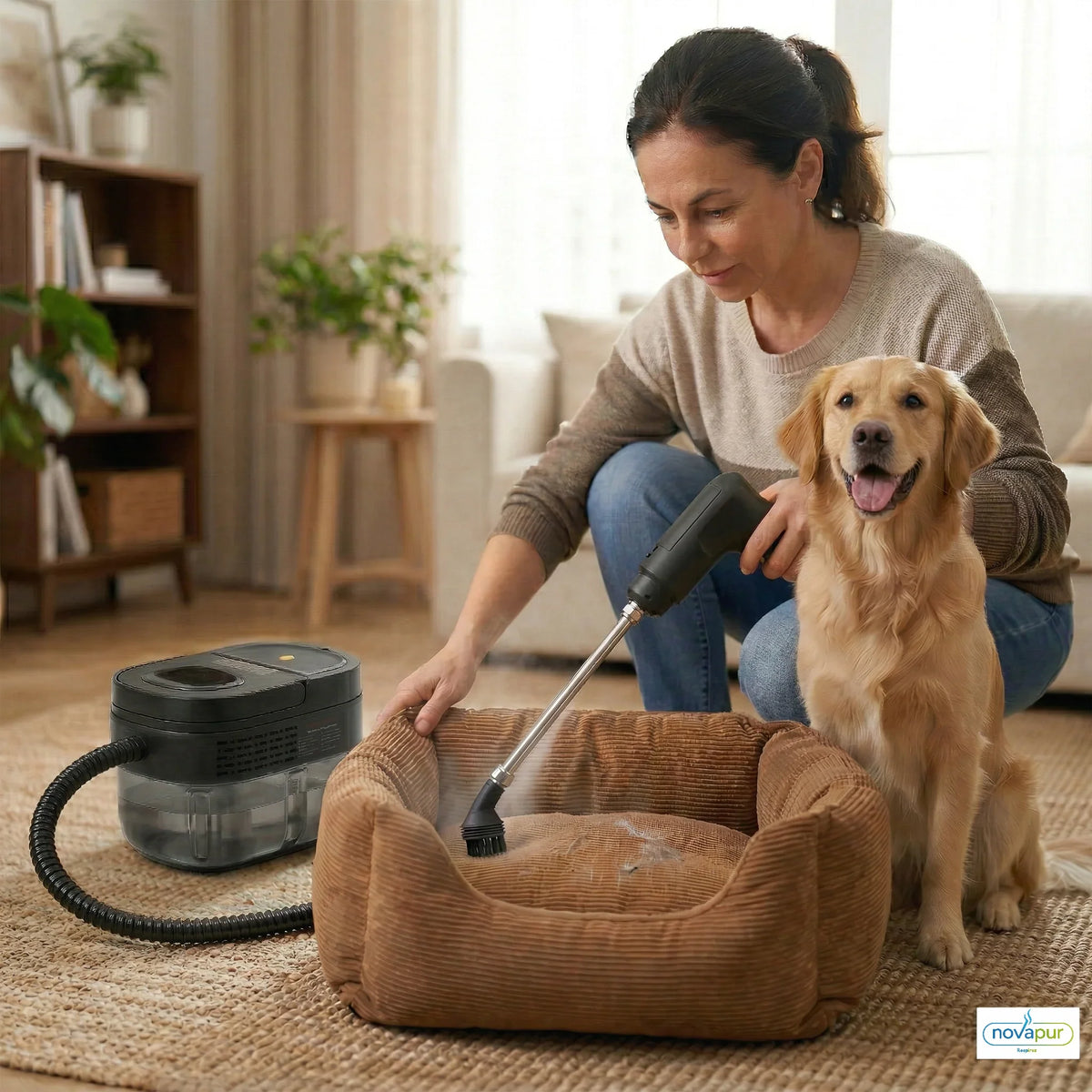Nettoyeur vapeur Novapur utilisé pour nettoyer un panier pour chien