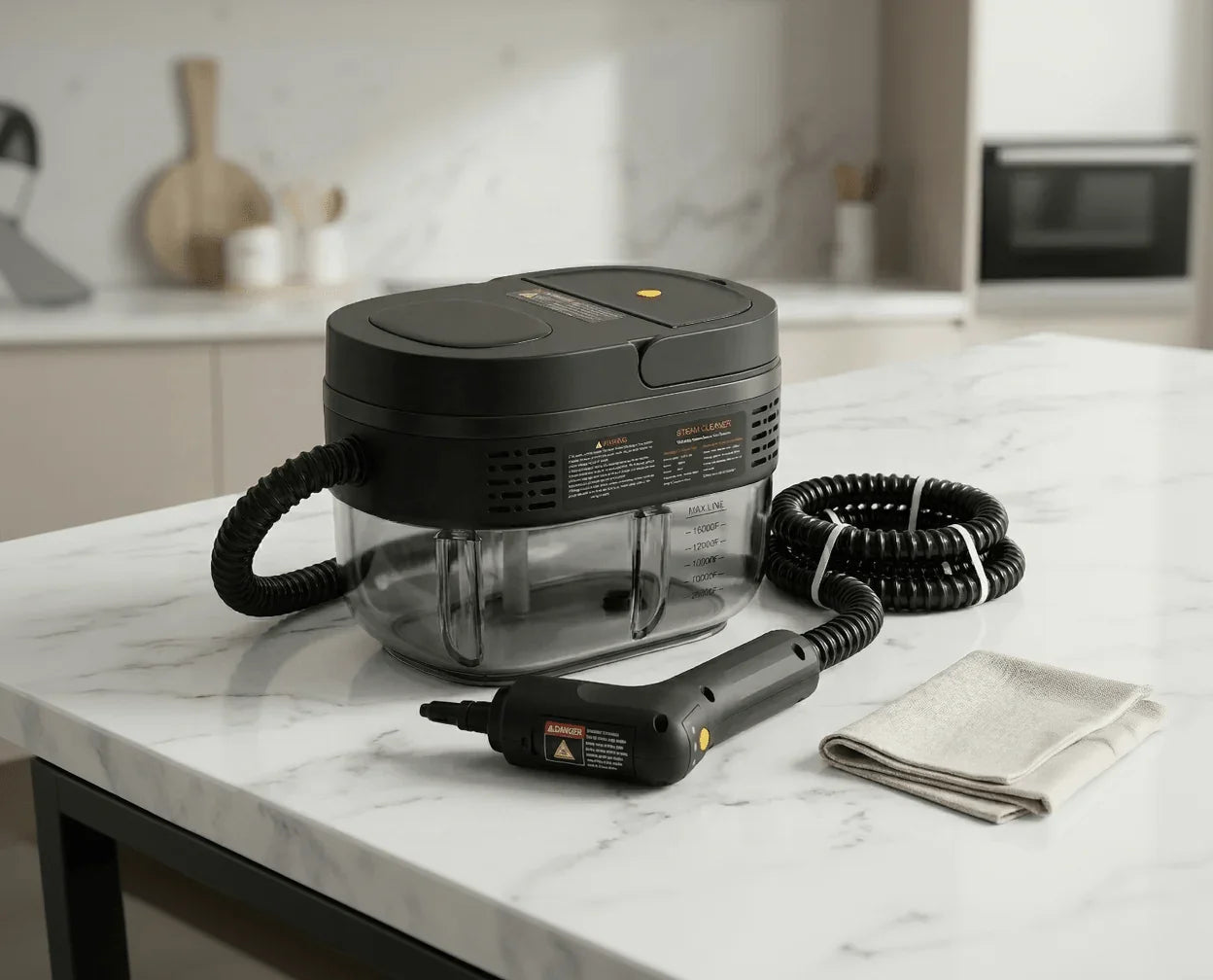 Nettoyeur vapeur Novapur 1500W avec flexible et chiffon sur un plan de travail